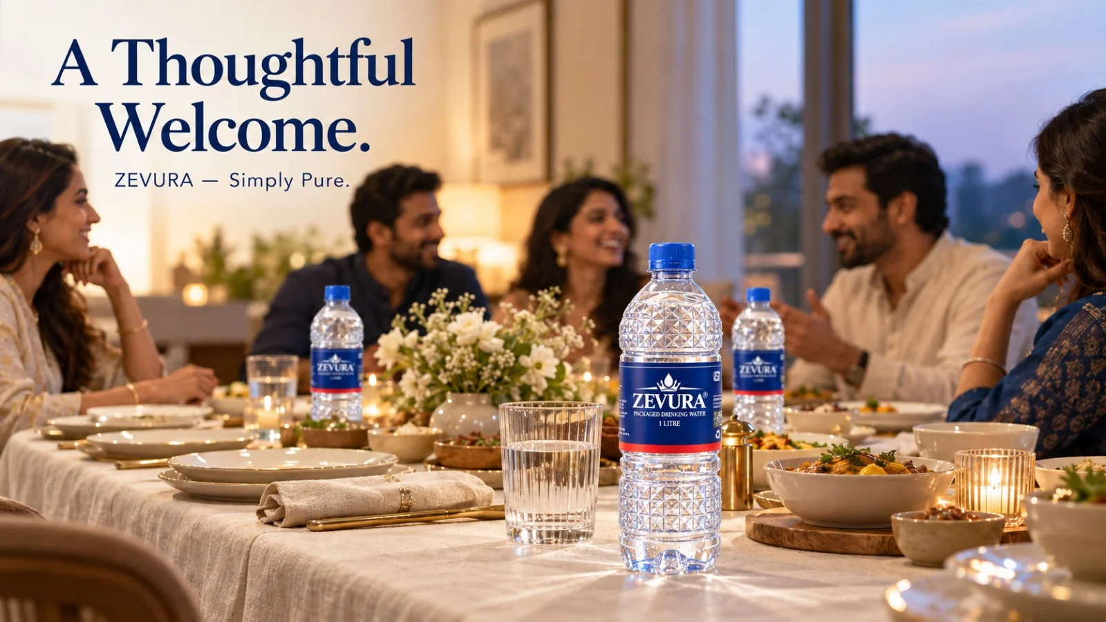 ZEVURA packaged drinking water for a home gathering